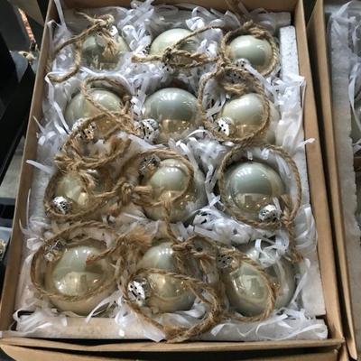 Two boxes of Ballard Designs Christmas ornament balls 