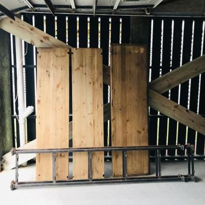 Large rustic five shelf unit, currently disassembled, is 93 1/4 inches tall,  70 inches wide and 20 inches deep.