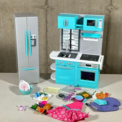 AMERICAN GIRL DOLL KITCHEN SET | Includes: kitchen set with sink, oven & stove, microwave, cabinets, toy food, utensils & cookware, and...