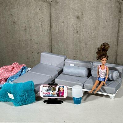 DOLLHOUSE SECTIONAL & MORE | Includes: 2 dresses, lamp, 2 piece sectional with pillows, Barbie Doll and toy phone mount