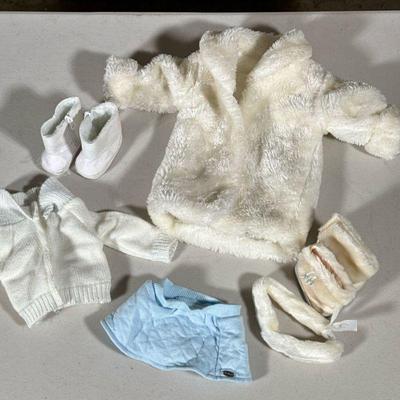 COUTURE AMERICAN GIRL DOLL CLOTHES | Includes: cardigan with light blue skirt, white boots, faux fur coat, faux fur headband, and faux...