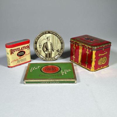 (4PC) MISC. TINS | Including a Lucky Strike Cigarettes tin, a Swee-Touch-Nee Tea Tin, a Hyroller Whiskey tray, and a Revelation Smoking...