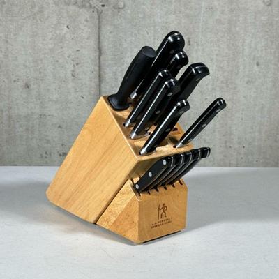 (13PC) HENCKELS KNIFE SET | Including: chefs knife, bread knives, paring and boning knives, 5 steak knives, sharpener, and more