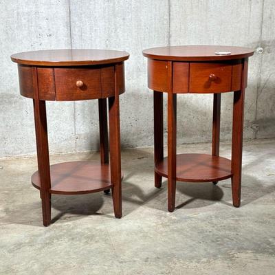 (2PC) PAIR ROUND NIGHTSTANDS | Pair of round end tables with small storage drawer and shelf on bottom