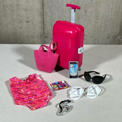 (9PC) AMERICAN GIRL DOLL BEACH VACATION | Includes: pink suitcase, patterned bathing suit, sandals, beach tote, sunglasses, hair band &...
