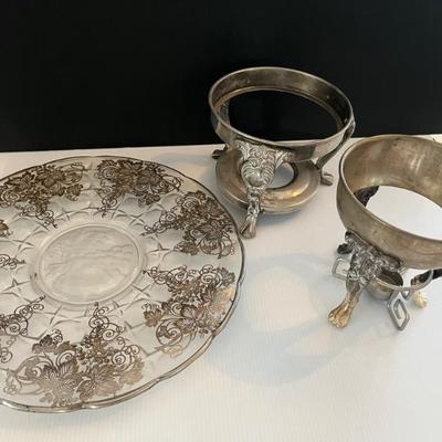 Glass and silver vintage serving plate and silver set of food warmer