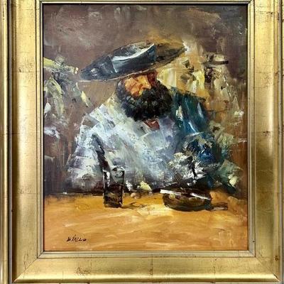 E. Vallo Original Oil on Canvas, Impressionist Man in Cantina