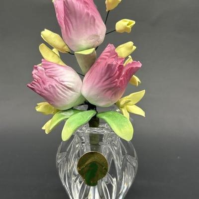Waterford Crystal Vase w Pink Rose & Yellow Flower