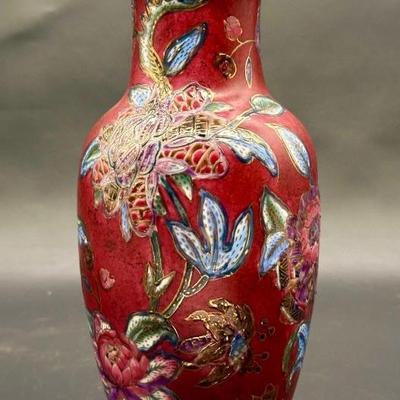 Asian CloisonnÃ© Red Peony Vase