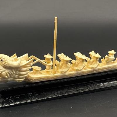 Carved Bone Chinese Long Boat w/ Dragon & Rowers
