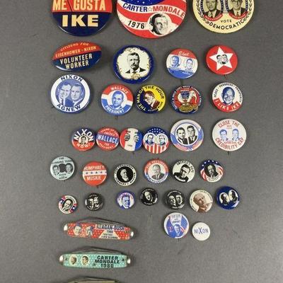Lot 96 | Vintage Political Buttons & Pocket Knives. Includes Reagan/Bush, Mondale, Ford , Nixon , Woodrow Wilson & more