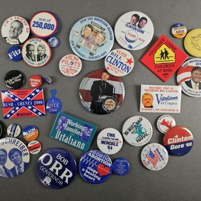 Lot 18 | 35 Vintage & Contemporary Political Pins & More!  Includes names like Hoffa Clinton, Wilson, Mondale and other slogan campaigns