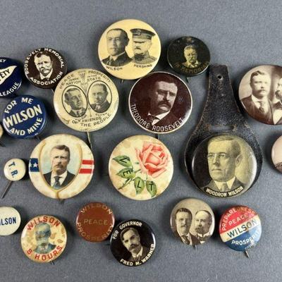 Lot 32 | Antique Political Pins Roosevelt, Wilson, ETC. Includes an 