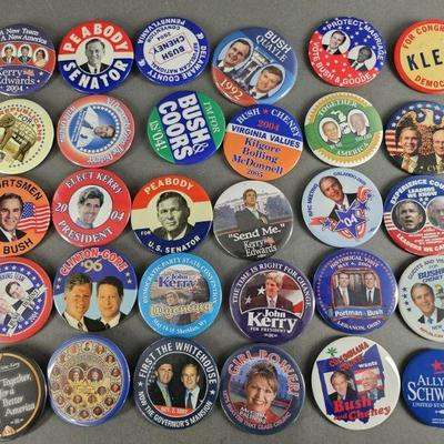 Lot 52 | 30 Vintage Political Pins. Some names include Kerry, Bush, Peabody, Klein and others