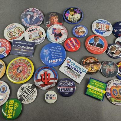 Lot 26 | Vintage & Contemporary Political Pins. Some names include Reagan, Dole, Kemp, McCain, Obama & others