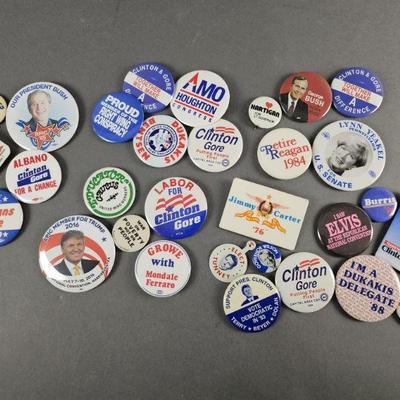 Lot 16 | 30 Vintage & Contemporary Political Pins & More! Some names include Carter, Clinton, Gore, Trump and other slogan campaigns