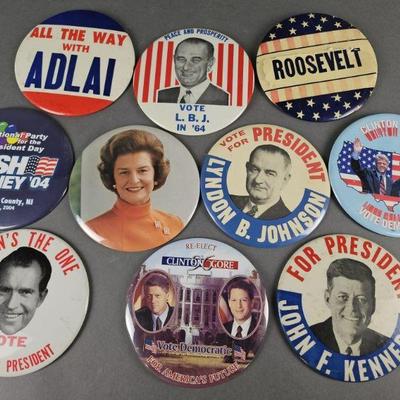 Lot 85 | 10 Large Vintage Political Buttons.  Some names include JFK, Nixon, LBJ, Roosevelt and more.