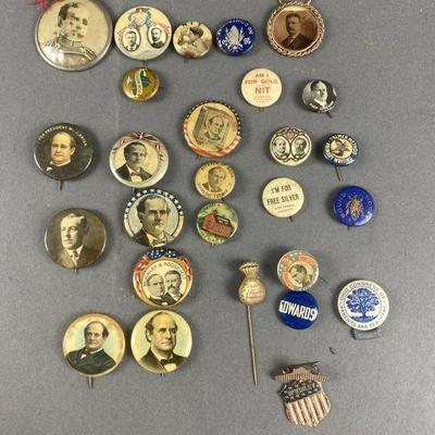 Lot 53 | 20 Antique Political Buttons, Buttons consist of McKinley, Jennings, Roosevelt & more