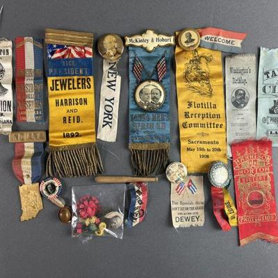 Lot 35 | Antique Political Silk Badges. Includes Convention badges, 1937 FDR Inauguration ribbon, McKinley. Harrison and more.