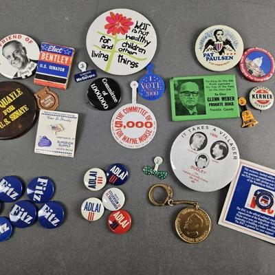 Lot 20 | 30 Vintage Political Pins & More! Names including Hoffa, Paulsen, Adlai, Fitz and other political cause campaigns