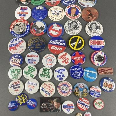 Lot 21 | 50 Vintage Political Buttons. Buttons consist of Clinton/ Gore & Reagan/Bush