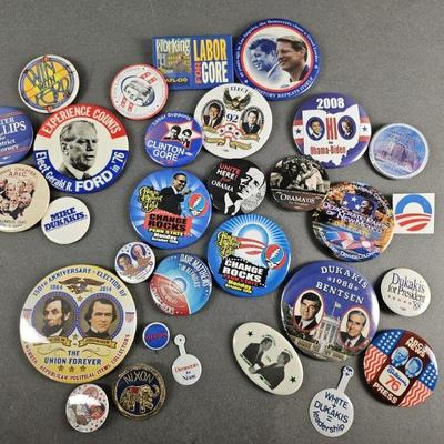 Lot 29 | Vintage Political Pins & More. Some names include Nixon, Carter, Ford, Dukakis, Obama and others.