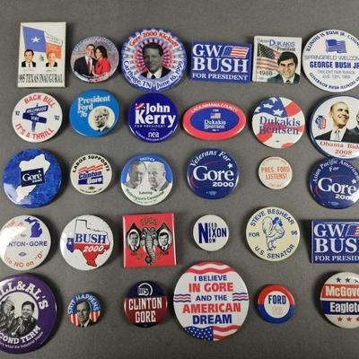 Lot 100 | 30 Contemporary & Vintage Political Pins!  Some names include Nixon, Ford, Bush, Dukakis, Clinton, Gore, Obama, Biden and others