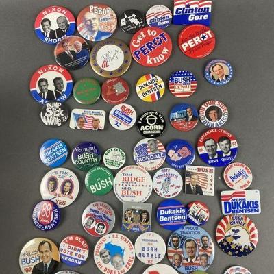 Lot 37 | 50 Vintage Buttons. Buttons consist of Bush/Quayle, Dukakis, Mondale & more 