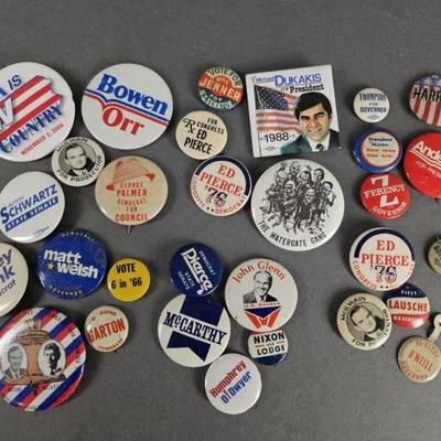 Lot 45 | Vintage Political Pins. Some names include Pierce, Nixon, Bush, Dukakis and others
