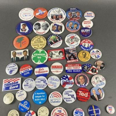 Lot 25 | 50 Vintage Political Buttons. Buttons consist of Bush/Quayle, Clinton/Gore , Dukakis & more