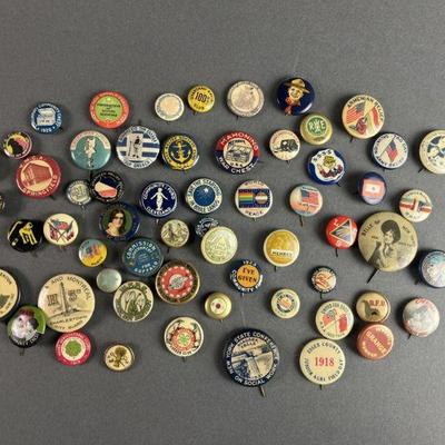 Lot 82 | Antique & Vintage Pinbacks. Social pins, several about the community fund