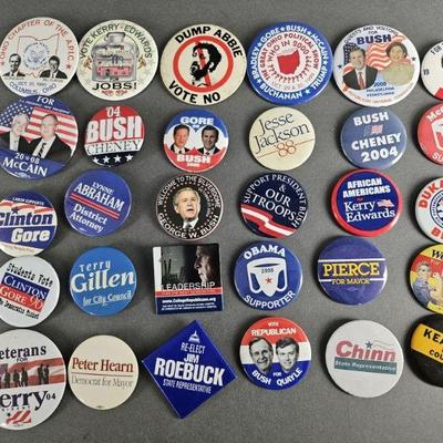 Lot 55 | 30 Vintage Political Pins & More! Some names include Bush, Quayle, Jackson, Dukakis and other names and causes.