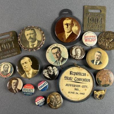 Lot 33 | 20 Antique Political Pins , ETC. Includes Teddy Roosevelt, W. Wilson, Hughes, and more
