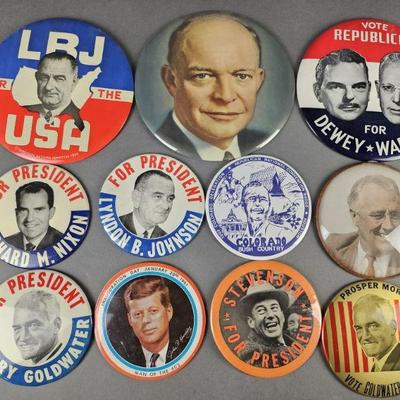Lot 81 | Vintage Large Scale Political Buttons & More. Some names include Nixon, JFK, Johnson, Goldwater and a few others