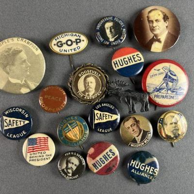 Lot 34 | 20 Antique Political Pins. Teddy Roosevelt, Wilson, Hughes, and more.