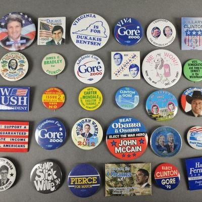 Lot 101 | Vintage & Contemporary Political Pins. Some names include Bush, Quayle, Dukakis, Clinton, Gore, Obama and more.