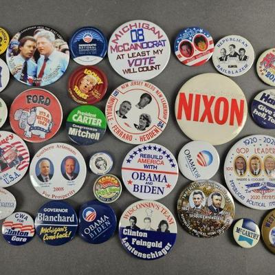 Lot 36 | 30 Vintage & Contemporary Political Button Pins. Some names include Reagan, Carter, Ford, Bush, Obama & others
