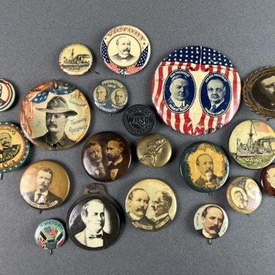 Lot 31 | 29 Antique Political Pins, Includes several Theodore Roosevelt pins. Also includes Alton Parker, McKinley, Hoover and more