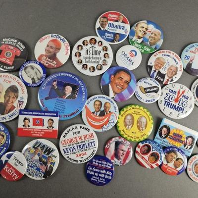 Lot 30 | Vintage & Contemporary Political Pins, Some names include Trump, Obama, Biden, Bush, Clinton Gore and others