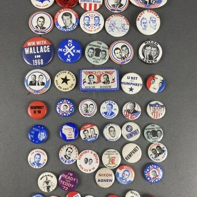 Lot 102 | 50 Vintage Political Buttons. Buttons include Nixon, Wallace, Humphrey & more