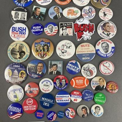 Lot 43 | 50 Vintage Political Buttons. Buttons consist of Bush, Quayle, Mondale & more