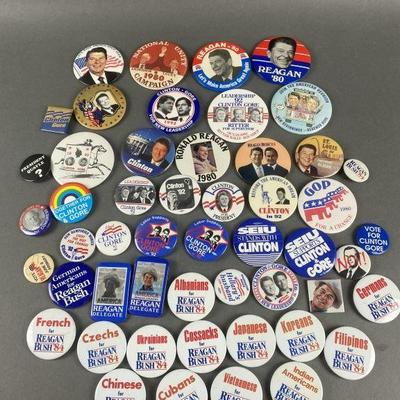 Lot 11 | 50 Vintage Political Buttons. Clinton / Gore and Reagan