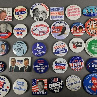 Lot 99 | 30 Vintage Political Pins.  Some names include Bush, Quayle, Mondale, Clinton Gore and other slogan campaigns