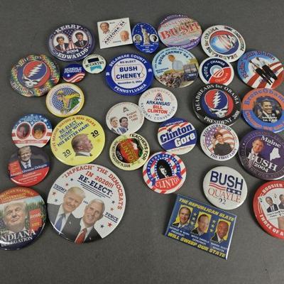 Lot 40 | Contemporary & Vintage Political Pins.  Some names include Bush, Cheney, Trump, Pence, Obama, Biden, Clinton and others