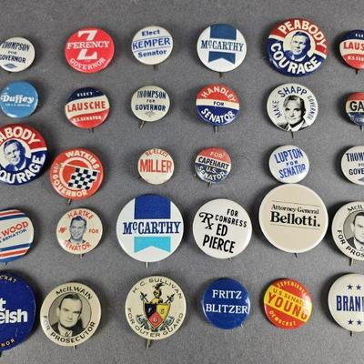 Lot 60 | 30 Small Vintage Political Pins. Some names include Welsh, Peabody, Pierce, McCarthy, Thompson and other names
