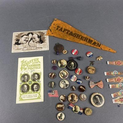 Lot 73 | Antique William Taft Collection. Postcard , handbook of politics, pendant, Buttons, cigar labels and more
