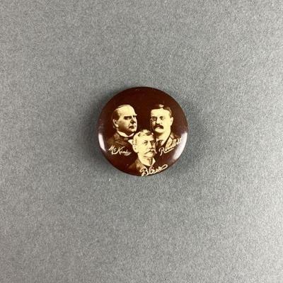 Lot 42 | Rare Trigate 1900 Campaign Pin. McKinley, Roosevelt, Bliss