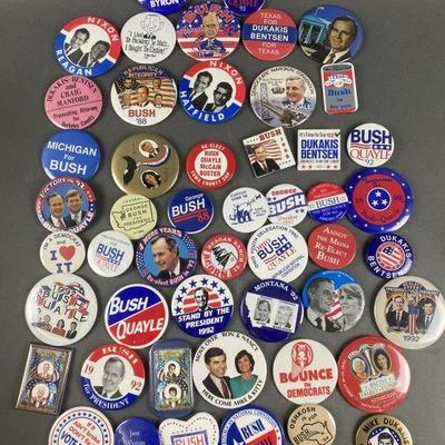 Lot 41 | 50 Vintage Political Buttons. Buttons consist of Bush, Quayle, Dukakis & more