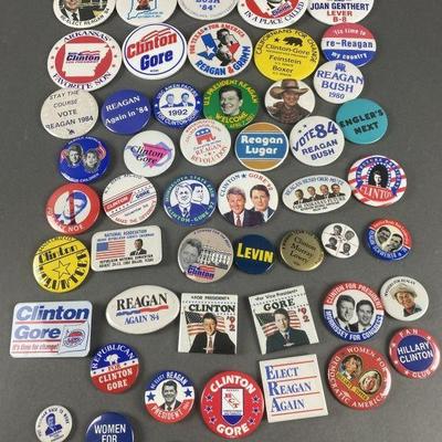 Lot 22 | 50 Vintage Political Buttons. Buttons consist of Clinton/Gore & Reagan/Bush
