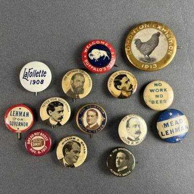 Lot 66 | Antique Pins. Mostly Governor campaign pins, some prohibition pins.